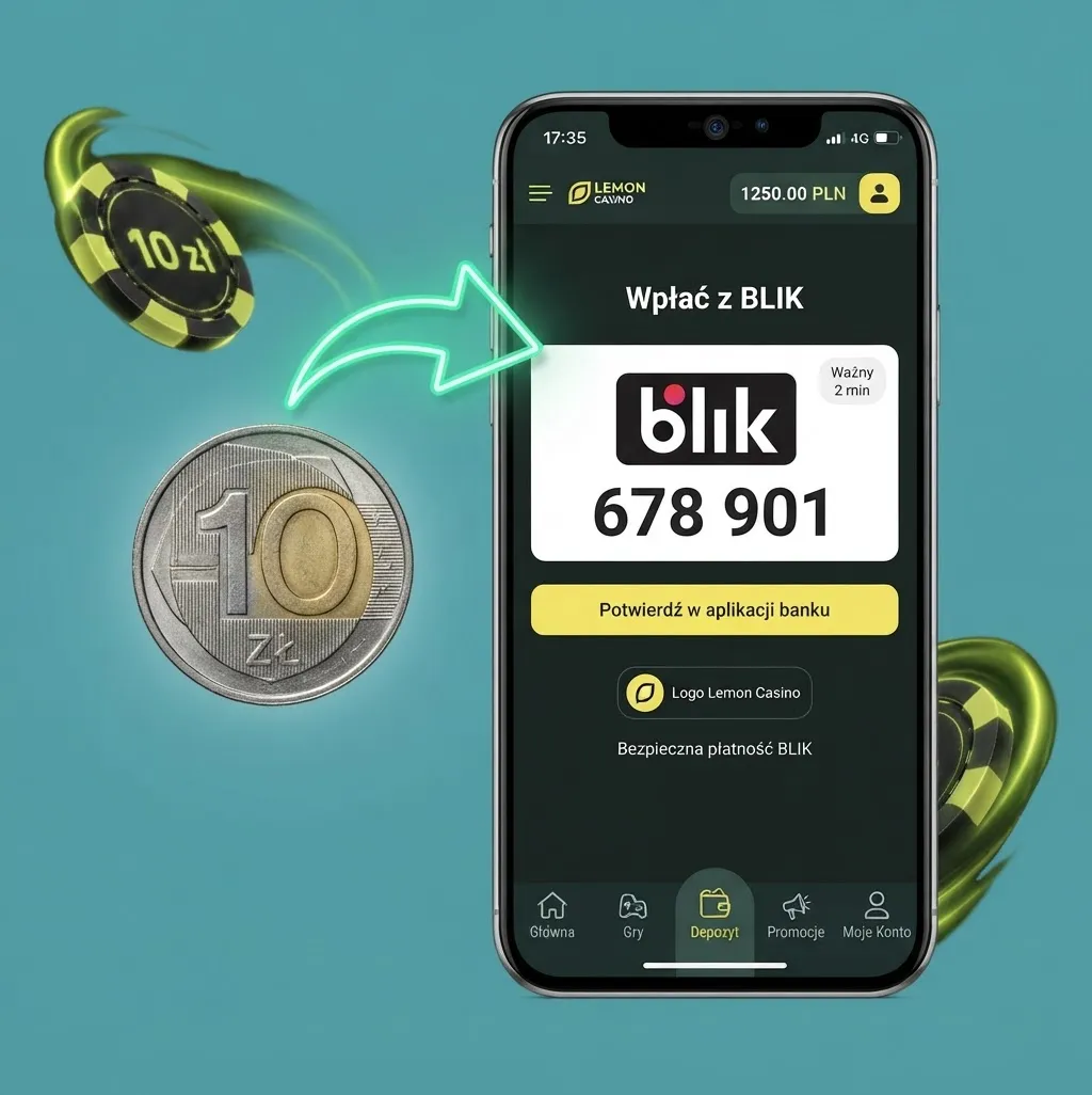 Porównanie: moneta 10 złotych obok smartfona z kodem BLIK i logo kasyna.
